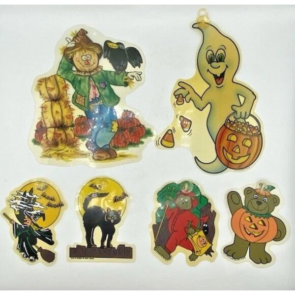 Vtg Halloween Suction Cup Window Decorations Witch Cat Die Cut Plastic Lot of 6 - Picture 1 of 16